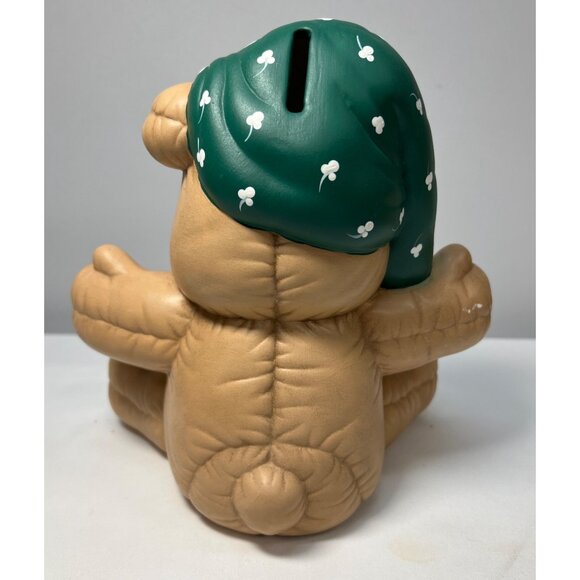 Vintage Teddy Bear Piggy Bank With Green Hat & Shamrock Accents - Picture 6 of 8